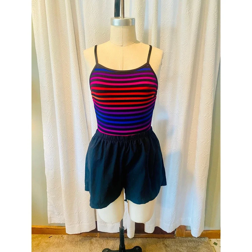 Vintage Le Cove‎ Striped Swimsuit with Built-In Shorts, Size 10